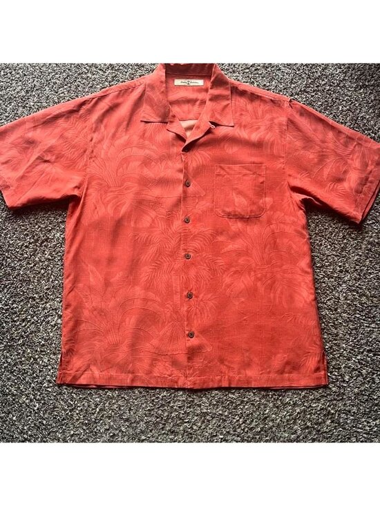 Tommy Bahama Other - Tommy Bahama Mens Large Silk Tropical Jacquard Camp Shirt Orange Palm Tree L